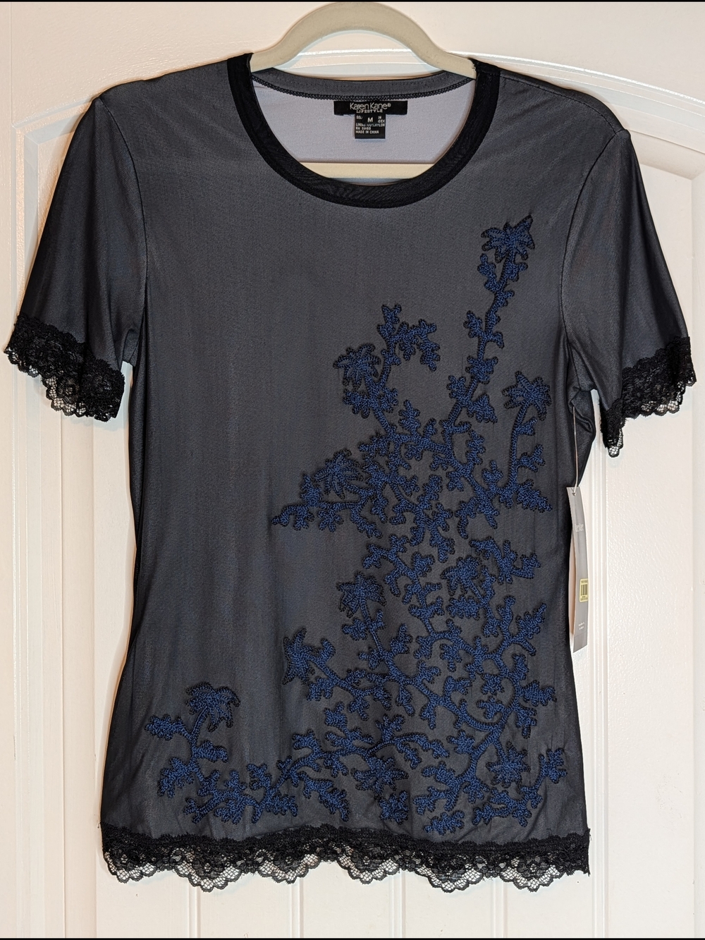 Karen Kane Lifestyle Embroidered Mesh Short Sleeve Top Lace Trim